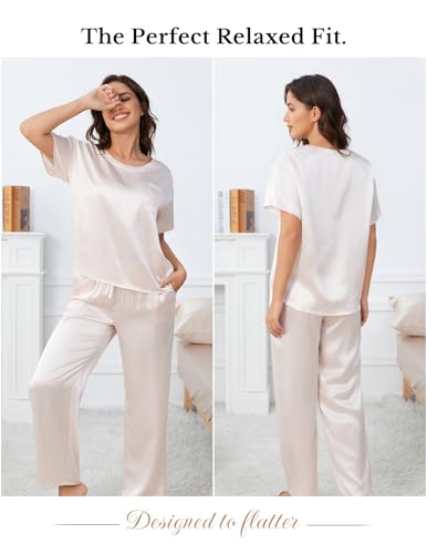 Image of THXSILK Mulberry Silk Womens Pajama Set with Pocket, 2 Piece Lounge Sets for Women, Short Sleeve Sleepwear