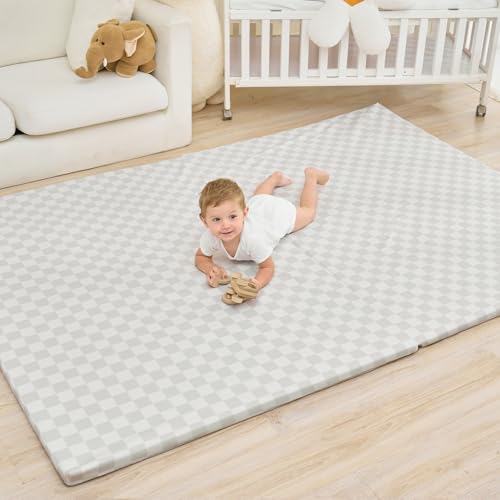 Image of Yumiio Large Vegan Leather Baby Play Mat for Floor,1.3"Thick Foam 59x82 Foldable Waterproof Kids Play Mat,Stylish and Just Wipe-Clean Playmat for Baby Play on Floor (Grey Checker)
