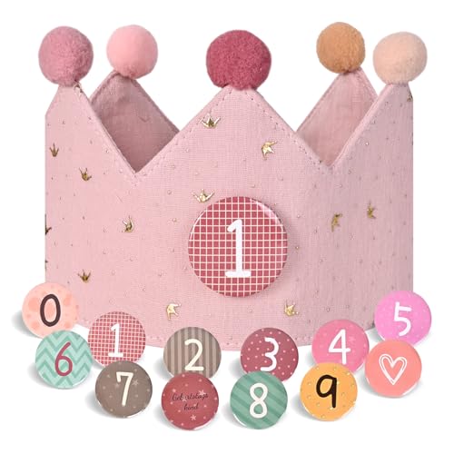 JIAWWAN Corona de Infantil Cumpleaños, Corona de Tela para Cumpleaños, Corona Cumpleaños Unisex per Números Intercambiables del 0 al 9, Corona Cumpleaños Ajustable para Niños y Niñas (Rosa)
