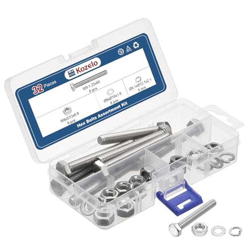 Kozelo 32Pcs Bolts and Nuts Washers Kit-M8-1.25x60 304 SS Hex Tap Bolt