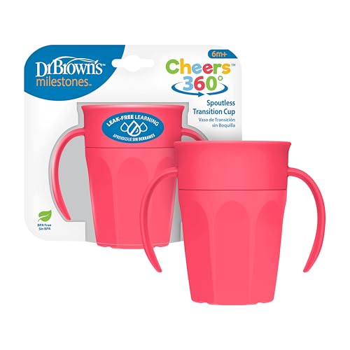 Image of Dr. Brown's Milestones Cheers 360 Spoutless Transition Cup with Handles, Travel Friendly and Leak Free Sippy for Babies and Toddlers, Pink, BPA-Free, 7 oz/200 mL, 6m+