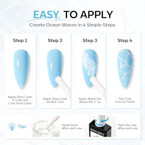 Image of modelones White Blooming Wave Gel Polish Ocean Wave Effect U V Cure | Marble Water Ripple Beach Lace Design Spreading Over Uncured Base Beginner Friendly Soak Off DIY Manicure Gift Nail Art Stuff