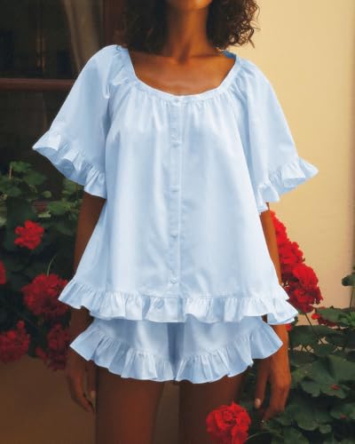 Image of Womens Ruffle Pajama Set Short Sleeve Button Down Top and Shorts | Cotton Ruffle Pajamas Set, Ruffle Shorts Set Women, 2 Piece Shorts Set for Women