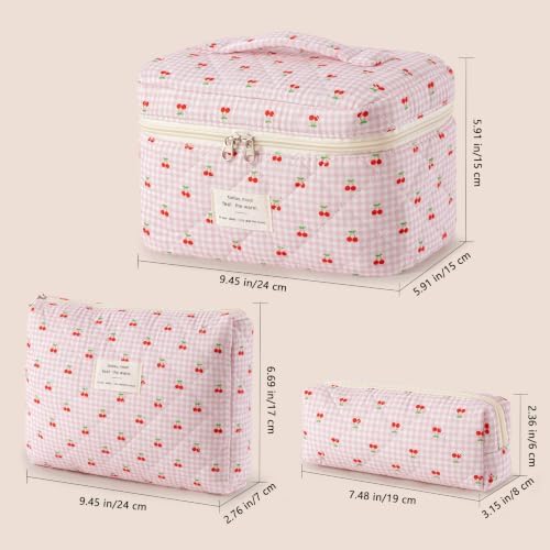 HBselect Quilted Makeup Bag, 3Pcs Cotton Large Travel Makeup Bags Organizer - 4