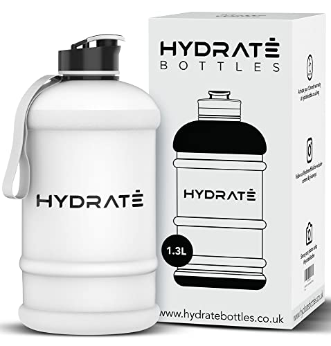 HYDRATE XL Jug 1.3 Litre Water Bottle with Flip Cap Leak-Proof Seal & Nylon Carrying Strap - Stay Hydrated On-The-Go Ultimate Hydration Solution - BPA Free Reusable Gym Essential - Matte White