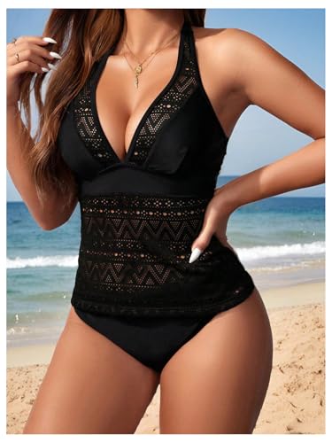 SHENHE Women's 2 Piece Hollow Out Halter Tankini Swimsuit Deep V Neck Mesh Bathing Suit4