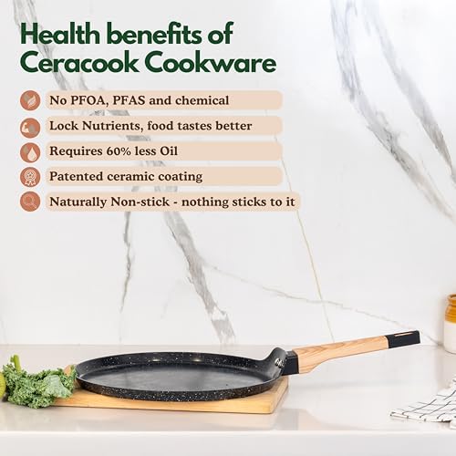 Image of Kreme Ceracook Ceramic Coated Granite Flat Tawa 28cm, ISI Certified Dosa Tawa, Forged Aluminium Body, Gas & Induction Compatible, Non Toxic, PFAS & PTFE Free, 1 Year Warranty, Midnight Black