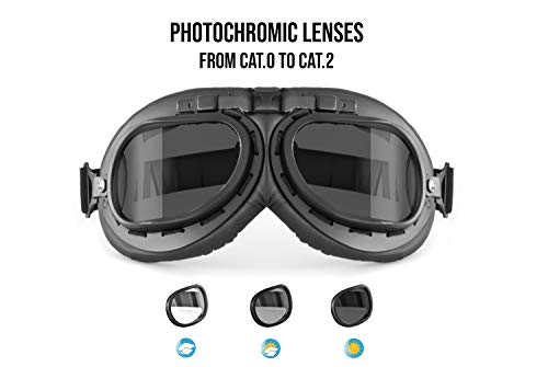 Bertoni Vintage Aviator Motorcycle Goggles Matt Black Anticrash Photochromic Lenses - F195Ph Pilot Over Helmets Glasses #TOP1