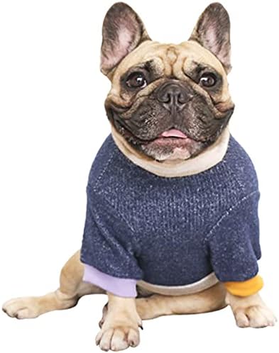 iChoue Pet Dog Crewneck Sweater Color Block Pullover Winter Warm Clothes for French Bulldog Frenchie Pug Puppy - Navy and Beige/Small