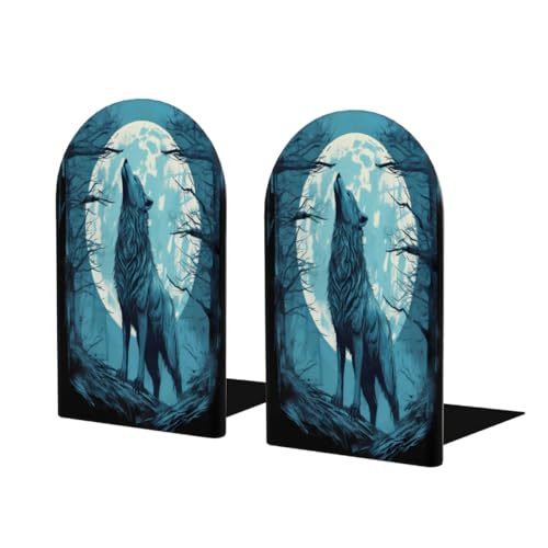 (2 PCS/1 Pairs) Wood Bookends Animal Wolf Decorative Wood Bookends for Student School Shelves Kids Room Desk Home Office Book Stoppers for Holiding Books 5x3 Inch