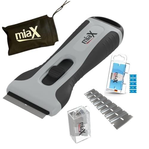 miaX Rasqueta Vitrocerámica con Compartimento para Cuchillas – Set Limpiador para Placa Inducción y Horno, 15 Cuchillas Metal + 5 Plástico, Mango Antideslizante