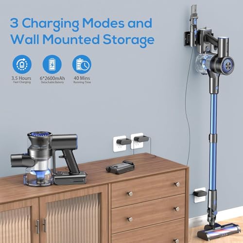 Image of Cordless Vacuum Cleaner, 6 in 1 Lightweight Stick Vacuum with Rechargeable Battery, Handheld Conversion, LED Headlights & 180 Swivel Brush, for Hardwood Floor Carpet Pet Hair Stairs Car(Blue)