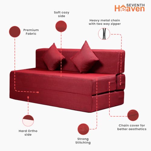 Image of Seventh Heaven 3 Seater 5 * 6 Jute Fabric Washable Cover Sofa Cum Bed 3 Seater Double Foam Fold Out Sofa Cum Bed (Finish Color - Maroon Delivery Condition - Pre-Assembled)