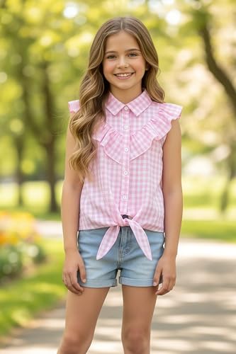Image of Girls Sleeveless Plaid Button Down Shirt Summer Crop Tops Tie Knot Ruffle Sleeve Shirt Blouse 3-12Y