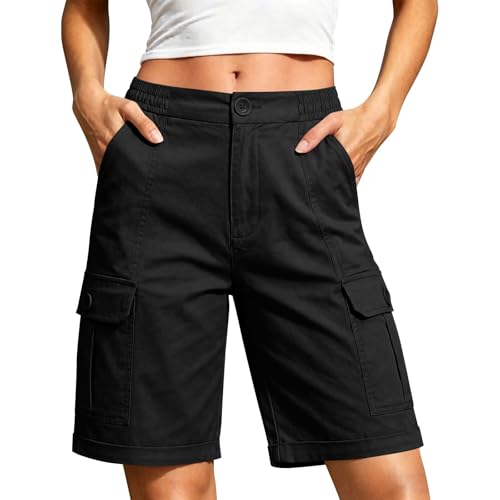 Womens Bermuda Shorts Knee Length, Casual High Waisted Wide Leg Short Women, Relaxed Fit Lightweight Women's Cargo Shorts with Multi Pockets for Summer, Hiking, Fishing, Working Black XL