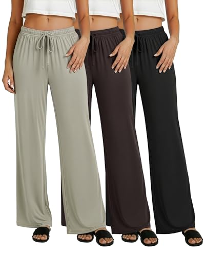 Image of Real Essentials 3 Pack: Women's Soft Palazzo Pants - Wide Leg Yoga Casual Loungewear Pajama Pj Bottoms (Plus Available)