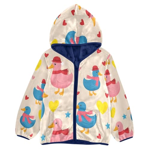 Cute Ducks with Hearts Pattern Toddler Fleece Jacket Girl Boys Hooded Fleece Jacket Coat Warm Outwear Zip-up 3-10T