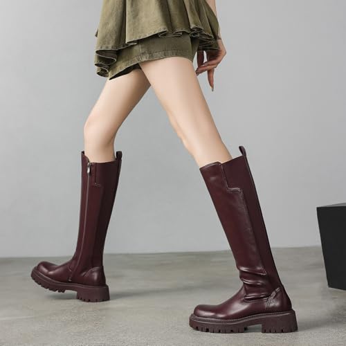 Image of TEAIEU Knee High Boots for Women, Platform Chunky Block Low Heel Tall Boots, Round Toe Side Zipper Fall Long Boots for Dress, Stretch Calf, Comfortable