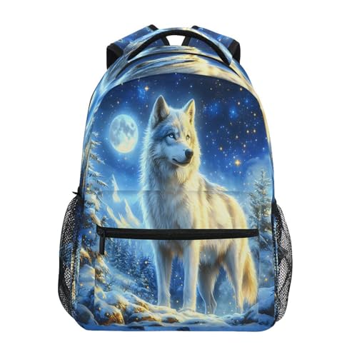 Wolf Moon Night Landscape Blue Backpack for School Boys Girls Adults Kids Bookbag Laptop Bag 15L