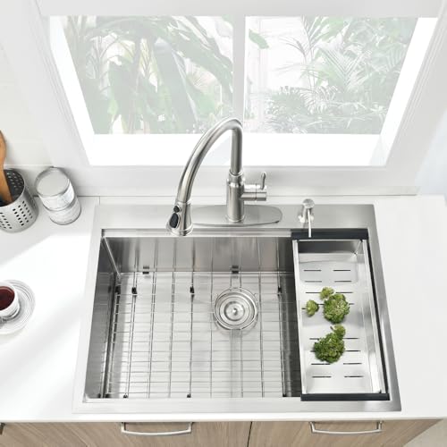 33 Drop in Workstation Kitchen Sink, BoomHoze 33x22 16 Gauge Stainless Steel Drop in Kitchen Sink Workstation Single Bowl Deep Sink Top Mount Kitchen Sink Basin with Accessories - Thumbnail 4