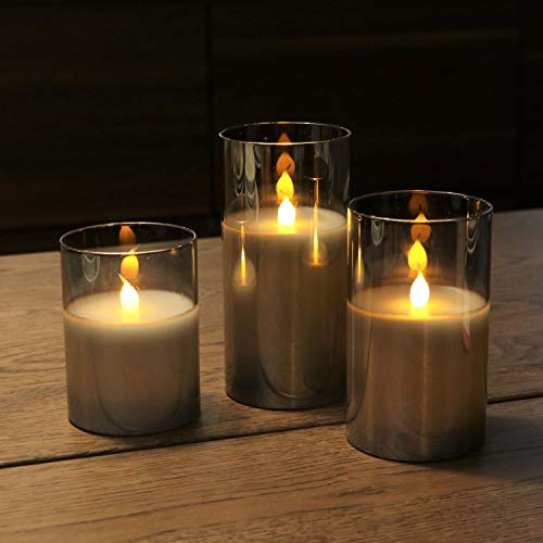 Gray Glass Battery Operated Flameless Led Candles with 6H Timer, Warm White Flickering Light, Batteries Included - Set of 3