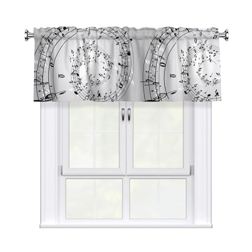 HJFCZH Cenefa de cortina con estampado de notas musicales de 137 x 45 cm, capa de ventana de cocina de piel de melocotón, luz filtrada y funda de bolsillo para barra de instalación rápida
