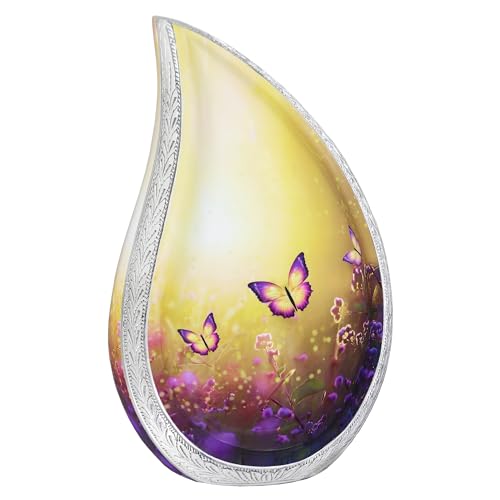NANIURN Urn for Ashes for Women & Men, Cremation Urns for Human Ashes Adult Female & Male, Funeral Cremation Urns, Decorative Tear Drop, Purple Butterfly and Lavender, Yellow - Large Teardrop