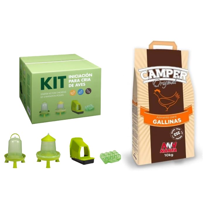 Pack INICIACIÓN Aves : Kit para cria de GALLINAS + Camper Puesta 10kg. Todo lo Necesario para la cria de gallinas. Comedero, Bebedero, ponedero, huevera y Comida. Ideal para la cria de Aves.