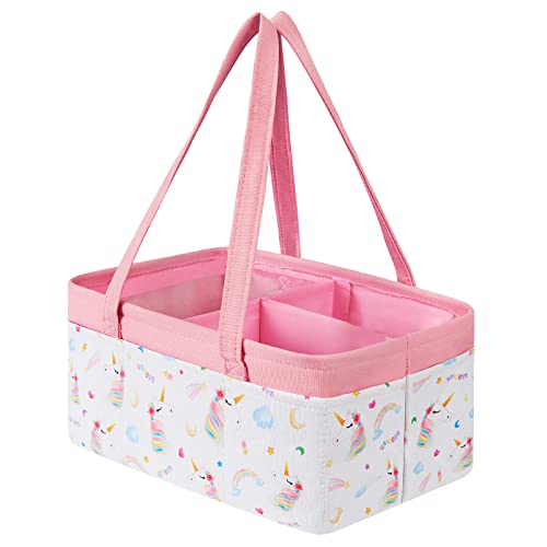 Image of WERNNSAI Unicorn Diaper Caddy - Collapsible Nursery Organizer for Girls Kids Large Pink Basket Storage for Changing Table Car Travel Living Room Newborn Essentials Must Have Dots