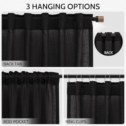 Image of Nanspring Vintage Black Linen Curtains 84 Inch Length 2 Panels Set for Living Room Light Filtering Semi Sheer Curtain Back Tab Privacy Luxury Gothic Vintage Decor Drapes for Bedroom Office 52x84