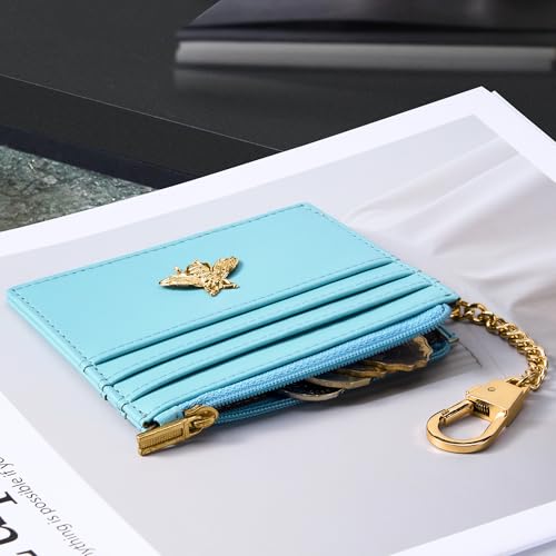 Image of SEAVILIA Card Holder Keychain Wallet for Women with ID Window RFID Coin Purse Bee Gifts Slim Minimalist Small Wallet, Blue, 4.4 x 3.38 inches, Minimalist