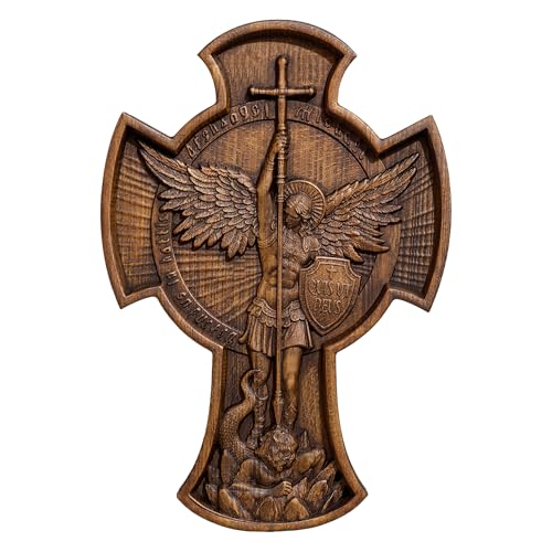BGCOPPER six-inch wooden cross with Archangel Michael carving