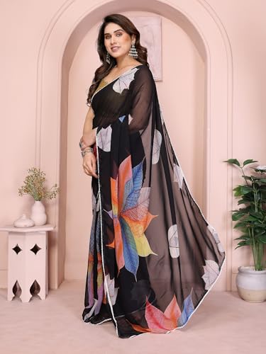 Image of ROOP SUNDARI SAREES Readymade Pleated Pre Drape Stitched Floral Printed Georgette Saree For Women's With Lace Border & Blouse(Ready To Wear One Minute)