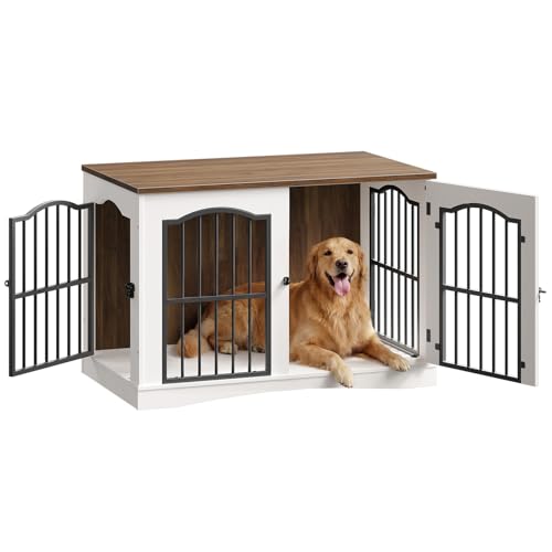 HOOBRO Hundekäfig Möbel, 100cm Hundebox für Zuhause, Moderne Hundebox Indoor mt 3 Türen für mittelgroße Hunde, für Wohnzimmer, Schlafzimmer, Treppenhaus, 100 x 60 x 67,5 cm, Weiß und Walnuss EWH66GW03