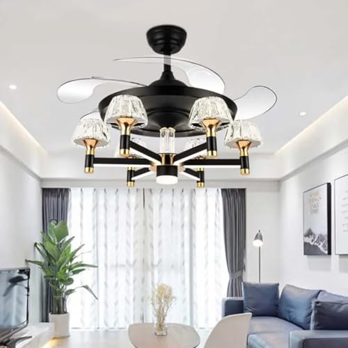 Image of Glowave Luxury Chandelier Ceiling Fan with Retractable Blades Crystal Glass Shades LED Light Remote Controlled Black & Gold Finish - Tricolour |White, Warm White, Natural White| (FI-7660)