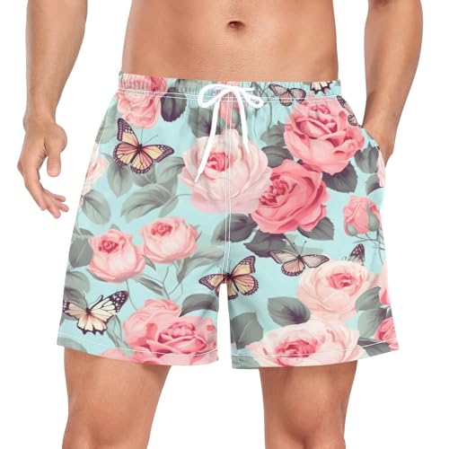 Pink Flowers Mens Swim Trunks with Compression Liner 4.7