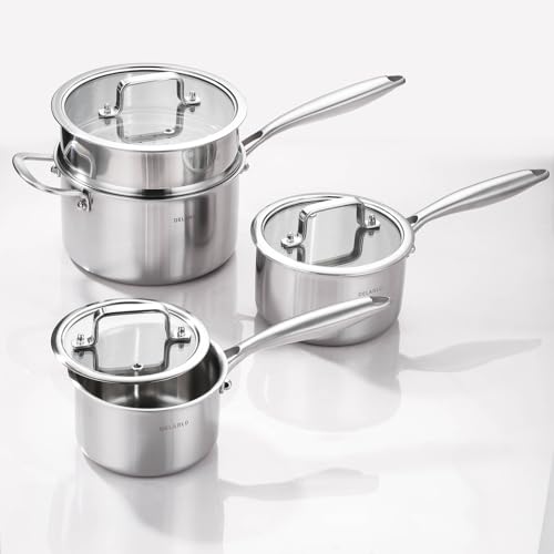 Image of DELARLO Kitchen Pot Set, Tri-Ply Stainless Steel Saucepan Set, 1.0QT 2QT 3.5QT, Cooking Set, Fast Even Heat, Saucepan set Compatible with all Cooktops 600℉(Lids 300℉)3.5QT Pot with a Steamer