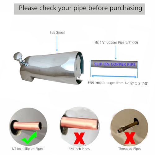 Slip on Tub Spout with Diverter, Metal Bathtub Faucet Chrome, Bathroom Push On Tub Spigot, Fits 1/2\" Copper Pipe(5/8\" OD), Sandpaper and Hex Wrench Included