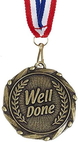 TPM Trading Pack of 10 x Gold Well Done Medals with Red, White & Blue Ribbons 45mm (1 3/4 inch)