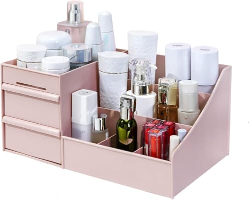 Image of Simbuy Makeup Organizer for Vanity— Bathroom Countertop Cosmetics Organizer with Drawers for Lipstick, Brushes, Lotions, Eyeshadow, Nail Polish and Jewelry (Pink)