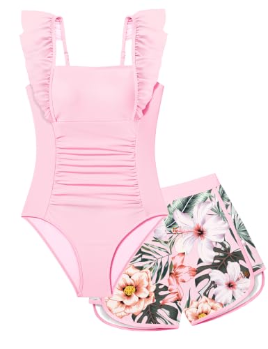 Image of NECIOUS Girls Swimsuit Ruffle Adjustable Straps One Piece Bathing Suit Solid Color Ruched Girls' Swimwear 9-16Y