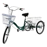 HarBin-Star Triciclo para adultos, 20 pulgadas, 6 velocidades, 3 ruedas, bicicleta moderna con cesta de la compra, triciclo de acero al carbono, hasta 100 kg, para compras, picnics, viajes (verde)