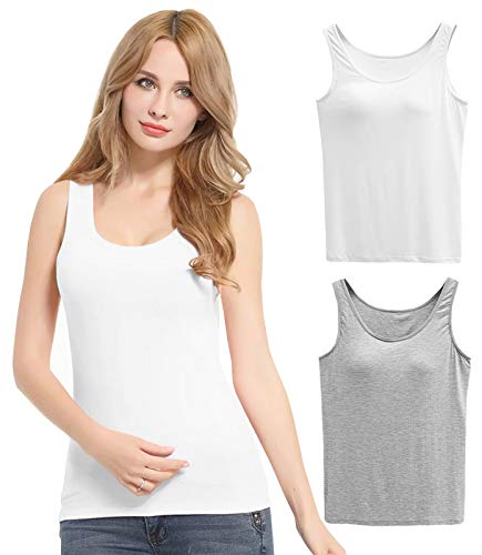 FEOYA Camiseta interior para mujer, paquete de 3 unidades, sujetador básico, push up, yoga, cuello en U, sujetador integrado, sin aros, acolchada, camiseta de tirantes para mujer, Pack de 2