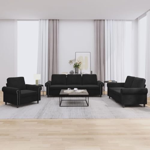 vidaXL Sofagarnitur 3-TLG., Sessel Couch mit Kissen, Sofa Wohnzimmersofa mit Armlehnen, Couchgarnitur Designsofa Sitzmöbel Polstermöbel, Schwarz Samt – Bild 3