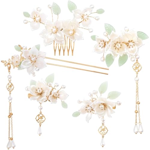 Image of MAYCREATE 5Pcs Camellia Flower Tassels Hair Pin Crystal Rhinestone Pearl Headpiece Retro Brides Hair Accessories for Women Girls Updo Long