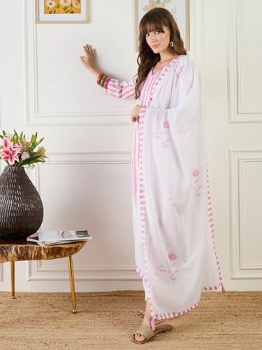 Image of INDO ERA Women's Straight Linen Floral Print with Beads Work Kurta Pant with Dupatta Set (IEOUT9824)