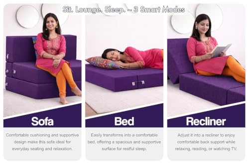 Image of Rosebell (4x6 Feet 2 Seater Foldable Sofa Cum Bed Jute Fabric, Washable Removable Cover, | Space Saving Convertible Sofa Bed for Home, Office & Guests - Purple