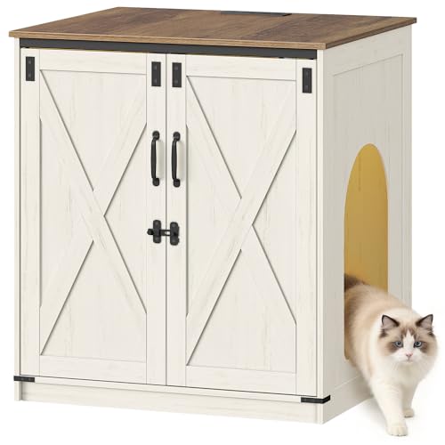Hzuaneri Groß Katzenschrank, 82 × 70 × 90 cm, Verdeckter Katzenklo Schrank mit Drehbarer Schale, Steckdose und Schloss, Geeignet für Selbstreinigende Katzentoilette, Vintagebraun- Weiß CB86114XEU