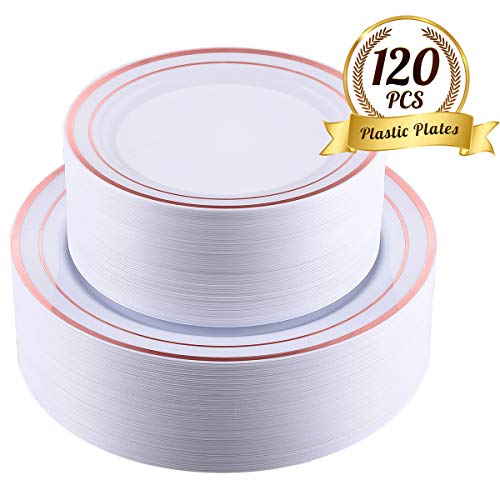 FOCUS LINE 120 Piece Rose Gold Plastic Plates,60 Dinner Plates 10.25 Inch, 60