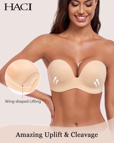 Image of HACI Push Up Strapless Bra for Women Anti-Slip Padded Wireless Stay Put